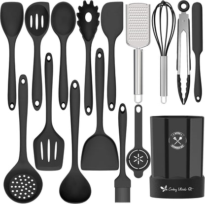 Silicone Kitchen Utensils Set, 16-Piece Silicone Cooking Utensils by Deedro, Heat Resistant Kitchen Tools Set with Holder, Nonstick Spatula Kitchen Gadgets for Cooking & Baking, Colorful