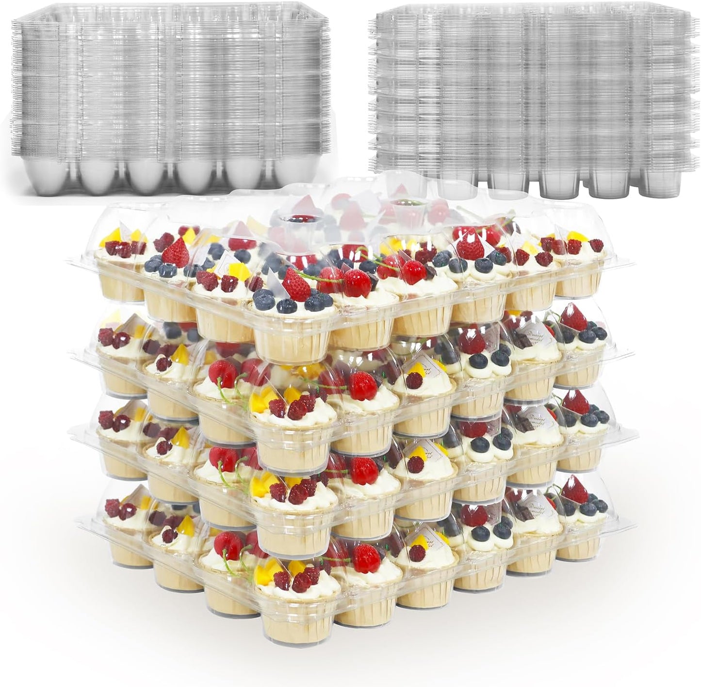 WIKDAY 24 Count x 10 Sets Plastic Cupcake Containers, Durable and BPA-Free Cupcake Holder with Lid for Easy Transport Storage, Stackable Clear Cupcake Carriers, Reusable Dessert Boxes