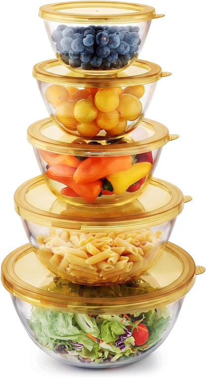 Cuiselect 5pc Glass Mixing Bowls with Lids Set (4.65QT, 2.80QT, 1.64QT, 1.16QT, 0.85QT), Nesting Salad Bowl, Large Glass Mixing Bowl for Cooking, Baking, Prepping-Dishwasher Microwave Freezer Safe