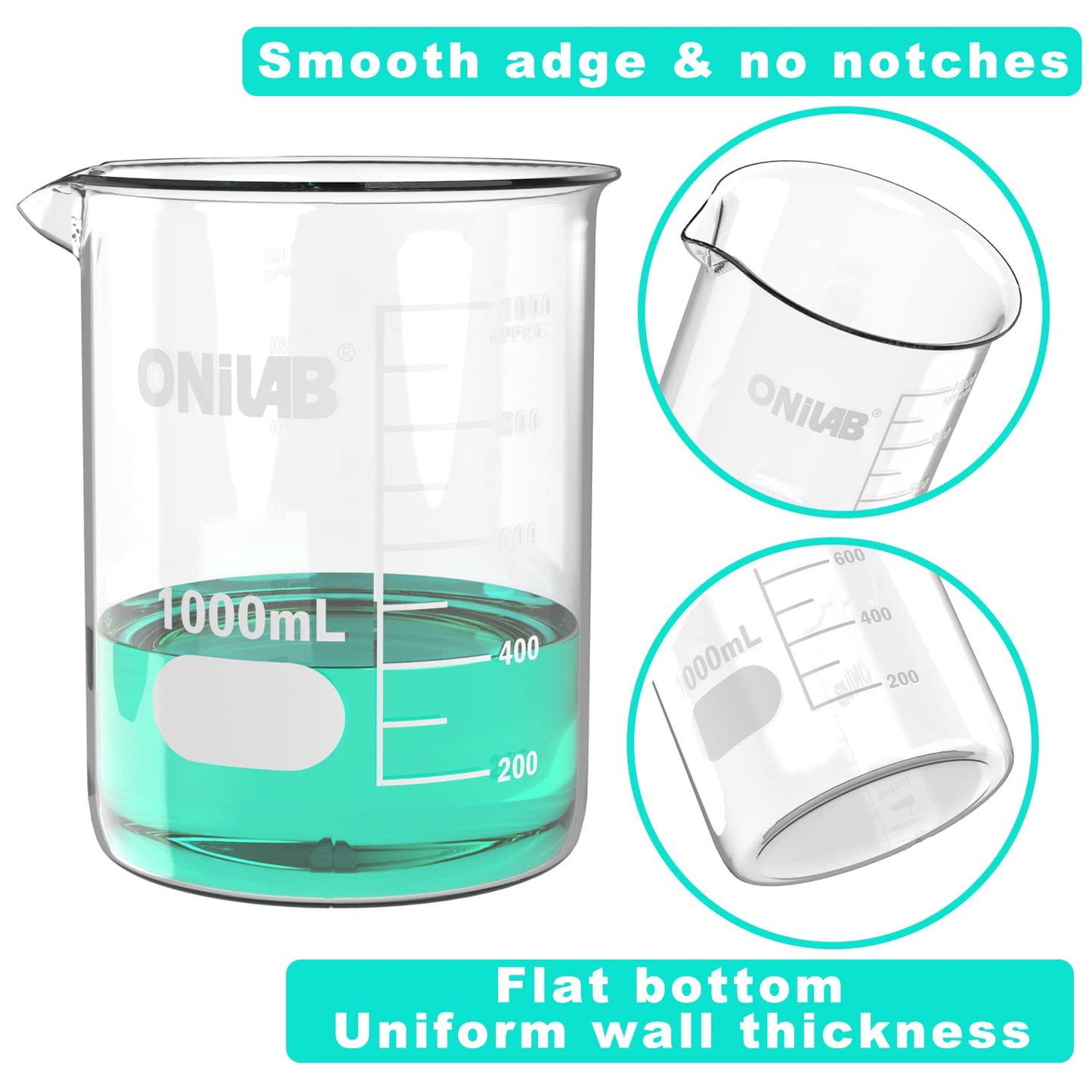 ONiLAB Glass Measuring Beaker Set 50ml 100ml 250ml (Pack of 3) 3.3 Boro Griffin Low Form with Printed Graduation Scientific Glassware for Laboratories, Classrooms or Home Use 13900244