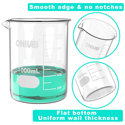 ONiLAB Glass Measuring Beaker Set 50ml 100ml 250ml (Pack of 3) 3.3 Boro Griffin Low Form with Printed Graduation Scientific Glassware for Laboratories, Classrooms or Home Use 13900244