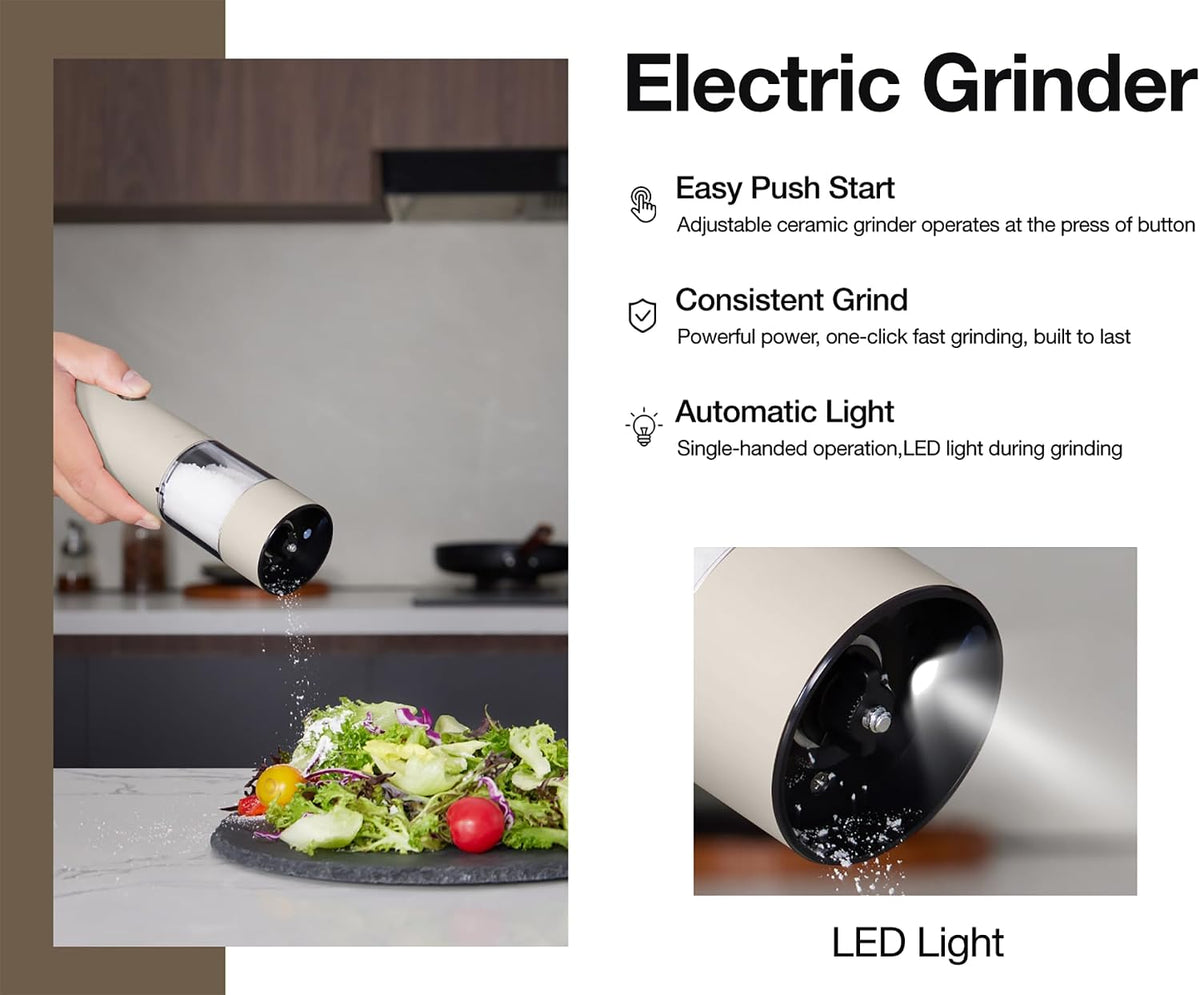 Stainless Steel Rechargeable Electric Salt and Pepper Grinder Set – USB Charging, One-Hand Electric Mill, Adjustable Coarseness, LED Light & Dust Cover –2pack(Greige & Buttercream)
