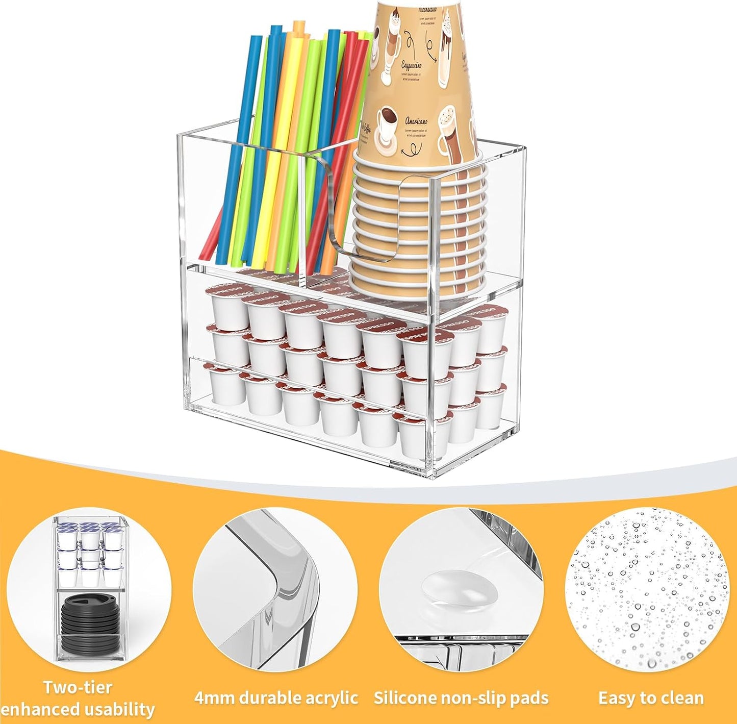 Coffee Condiment and Cup Organizer - 2-Tier Upright Cup and Lid Holder with Straw Organizer 2 Compartments Clear Acrylic Cup Dispenser for Restaurant Breakroom Coffee Station Countertop