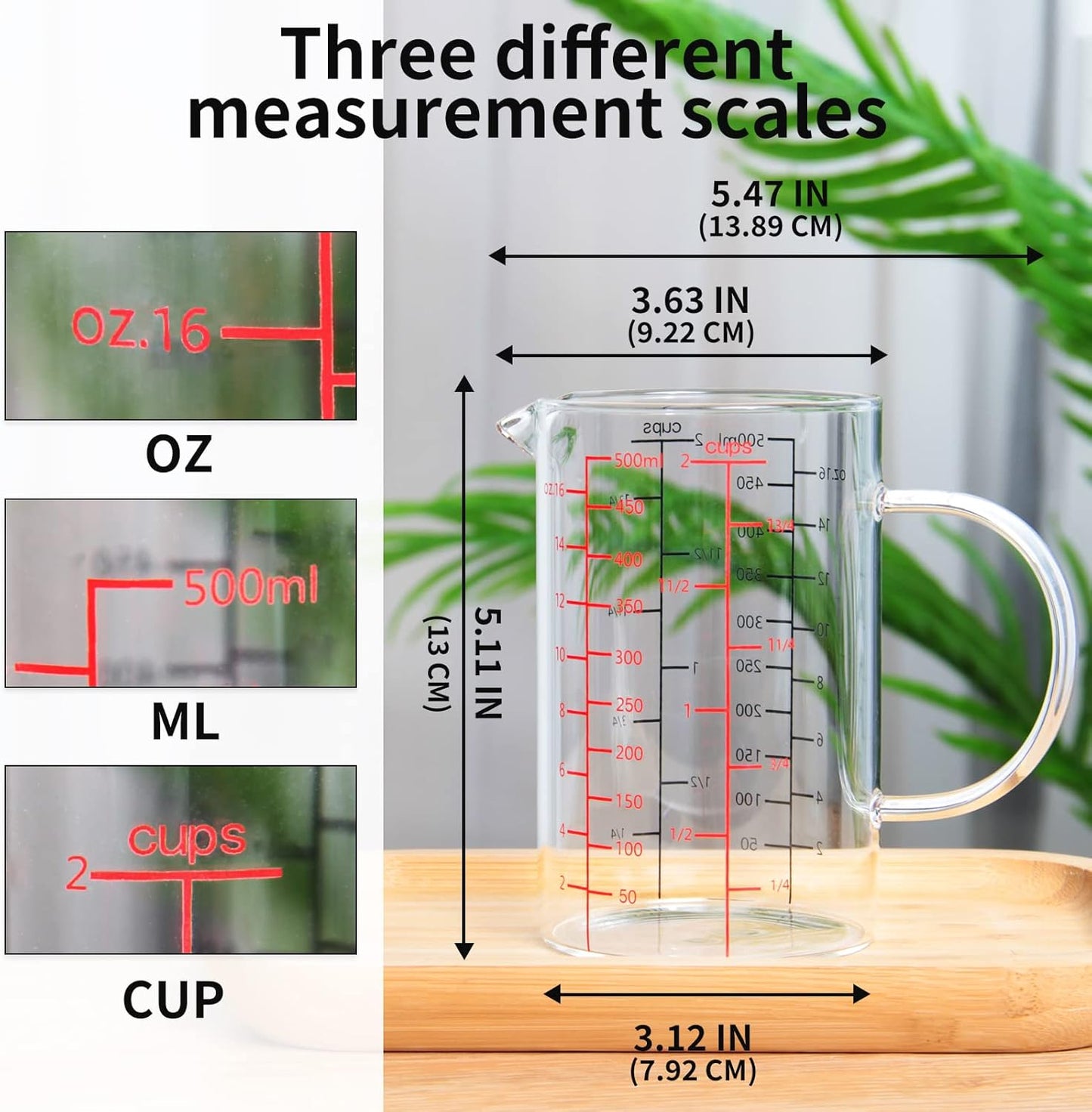 77L 3 Pack Glass Measuring Cup Set (1 1/4, 2 & 4 Cup) [Insulated handle, V-Shaped Spout], High Borosilicate Liquid Glass Measure Cup for Kitchen, Easy To Read, Dishwasher, Freezer, and Microwave Safe