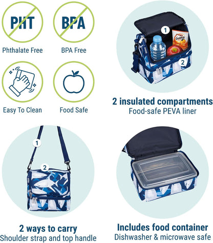 Wildkin Kids Two Compartment Insulated Lunch Bag – Keeps Food Hot or Cold, Easy-Clean Lining, Leak-Resistant & BPA-Free – Boys & Girls, Ideal for School, Travel & Daycare – Jurassic Dinosaurs