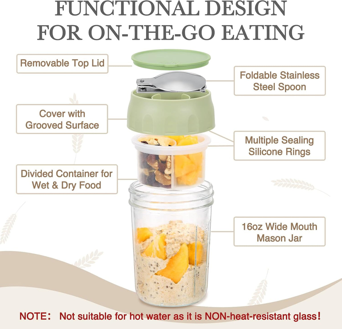 SOLIGT 4 Pack Overnight Oats Containers with Lids, Folding Spoons and Divided Compartments for Fruit & Nuts, Small Glass 16oz Mason Jars for Oatmeal (4 Set-Oat White/Green/Rose/Blue)