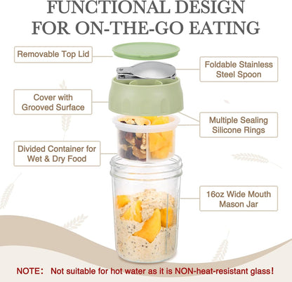 SOLIGT 4 Pack Overnight Oats Containers with Lids, Folding Spoons and Divided Compartments for Fruit & Nuts, Small Glass 16oz Mason Jars for Oatmeal (4 Set-Oat White/Green/Rose/Blue)