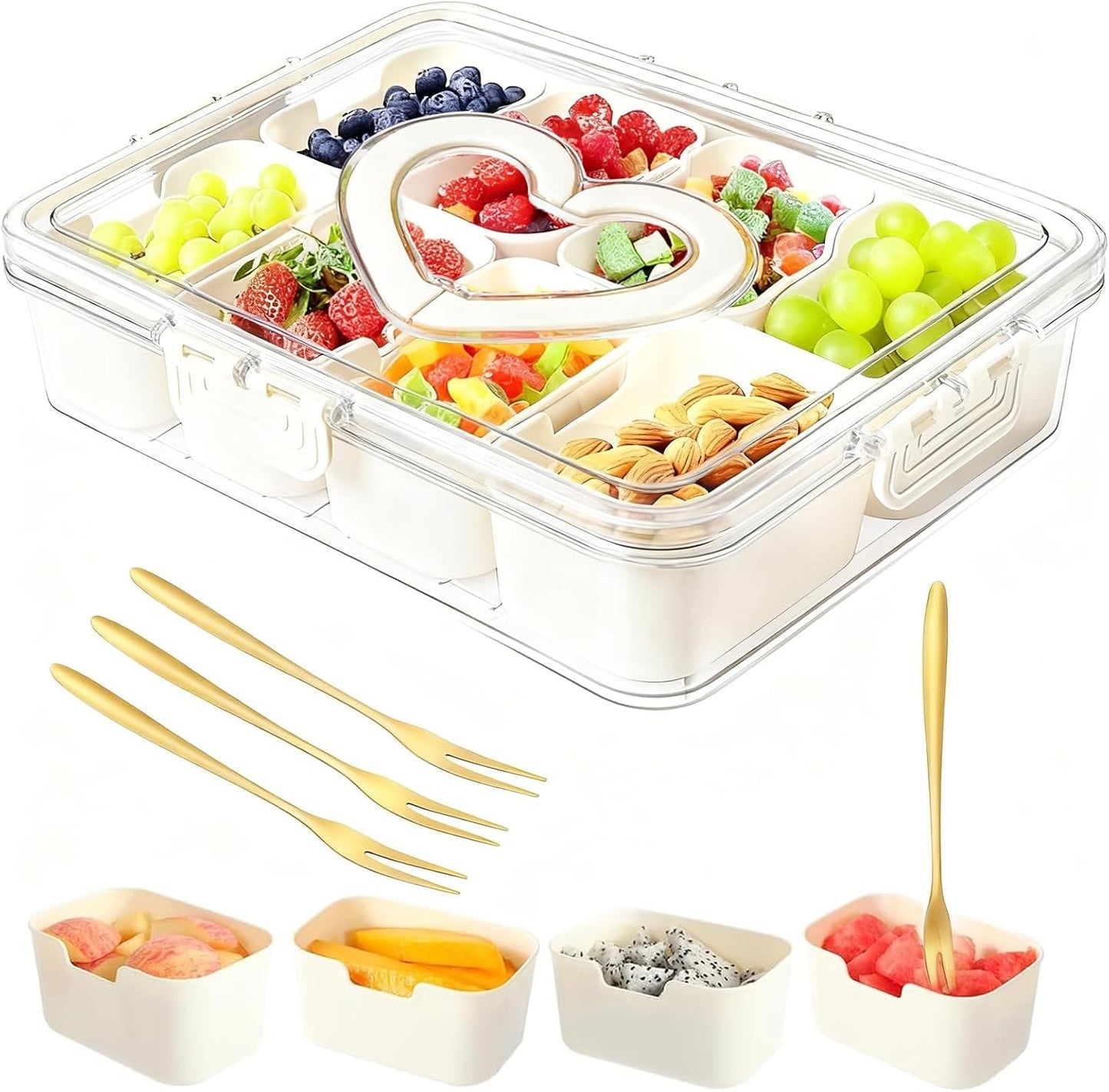 Snackle Box Container, Portable Snack Containers with Lids for Candy, Fruits, Nuts, Veggies, Snacks (White(2 Pack-4 Compartments))