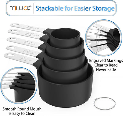 TILUCK Measuring Cups & Spoons Set, Stackable Cups and Spoons, Nesting Measure Cups with Stainless Steel Handle, Kitchen Gadgets for Cooking & Baking (Black)