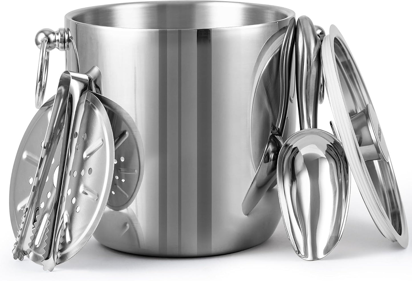 Insulated Ice Bucket, 3L Double Wall Stainless Steel Ice Bucket with Tongs,Lid, Scoop and Strainer, Ice Buckets for Parties,Cocktail Bars, Chilling Beer, Champagne, Wine Bottles