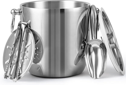 Insulated Ice Bucket, 3L Double Wall Stainless Steel Ice Bucket with Tongs,Lid, Scoop and Strainer, Ice Buckets for Parties,Cocktail Bars, Chilling Beer, Champagne, Wine Bottles