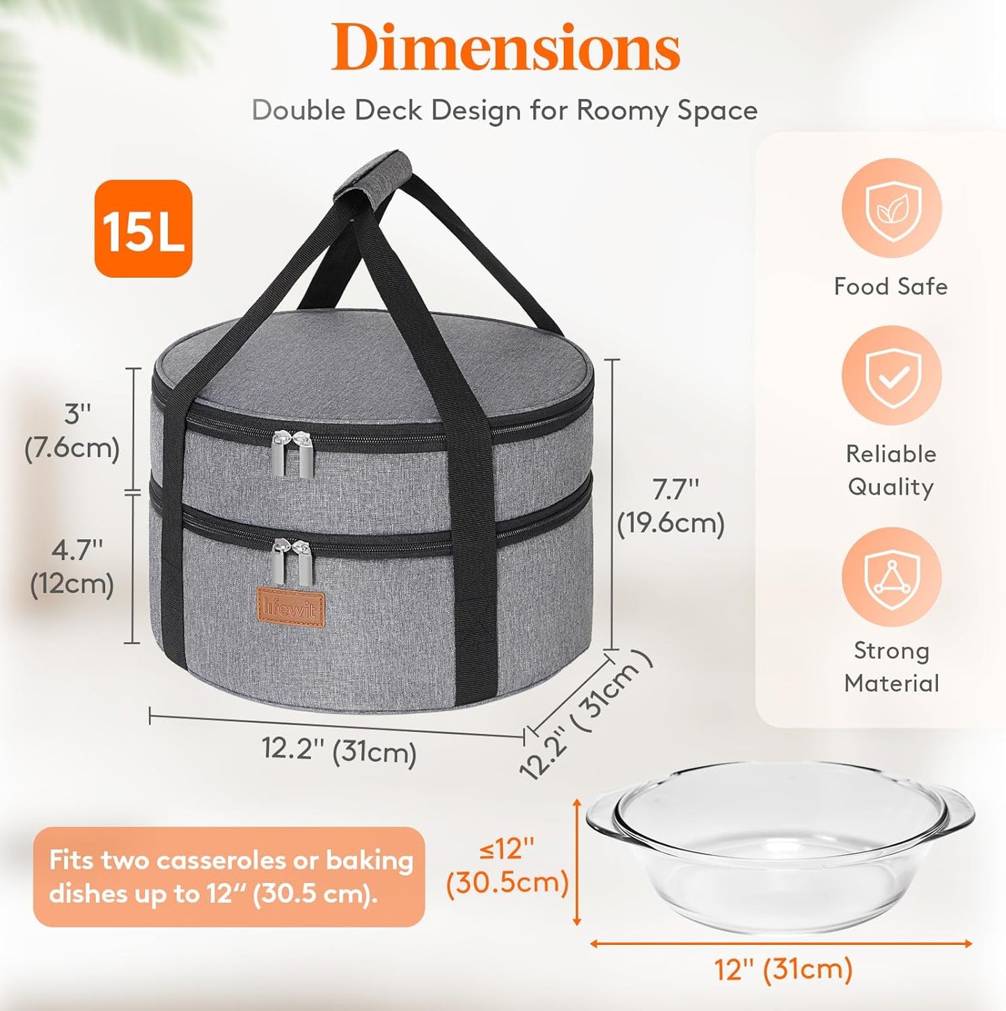 Lifewit Insulated Single Decker Round Casserole Carrier, Portable Pie Carrier Bag for Hot or Cold Food, Fits 12.5" Baking Dish, Thermal Lunch Tote for Potluck Parties, Picnic and Cookouts, Grey