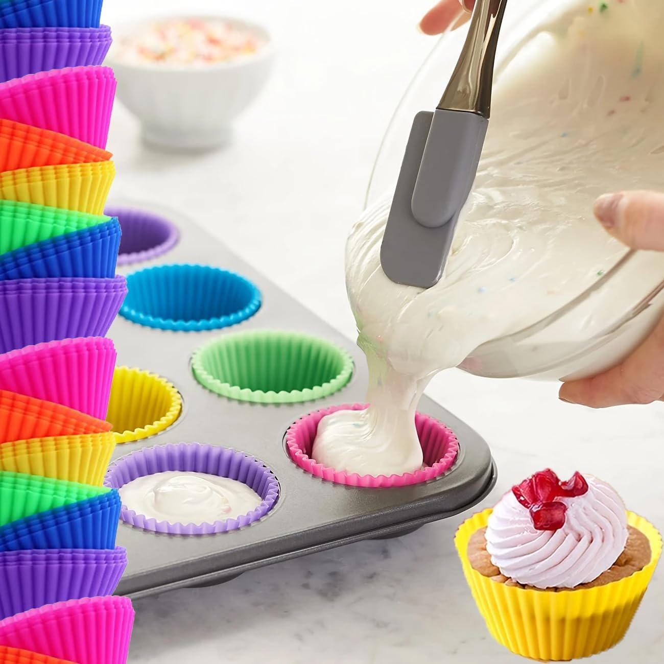 Reusable Silicone Cupcake Liners & Muffin Molds, 6 Pack, 2.36 Inch Non-Stick, Heat-Resistant Rainbow Baking Cups, Eco-Friendly, Dishwasher Safe, Flexible Oven Bakeware