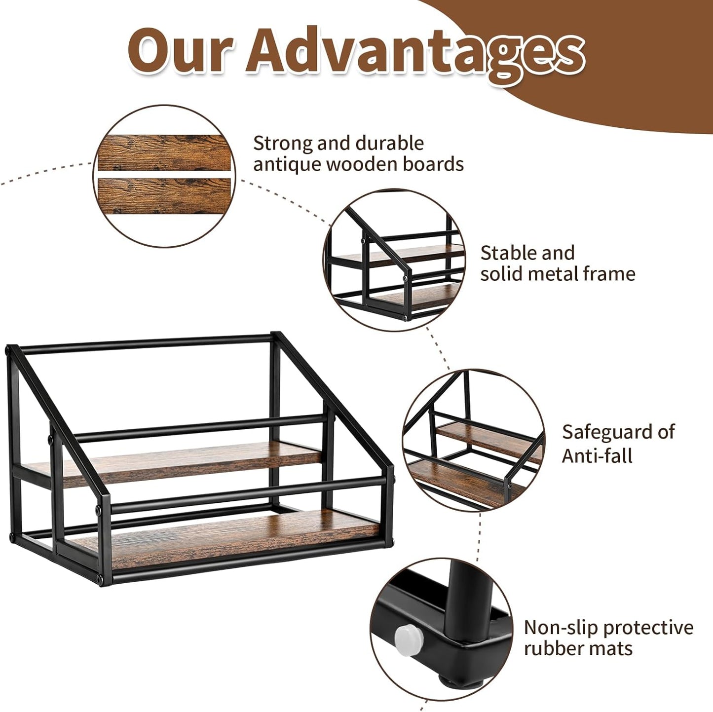 YQBRAO Coffee Syrup Rack Organizer,Liquor Bottle Display Shelf,2-Tier 4 Bottle Stand for Coffee Bar, Kitchen Station, Liquor, Wine, Dressing,Rustic Brown