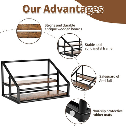 YQBRAO Coffee Syrup Rack Organizer,Liquor Bottle Display Shelf,2-Tier 4 Bottle Stand for Coffee Bar, Kitchen Station, Liquor, Wine, Dressing,Rustic Brown