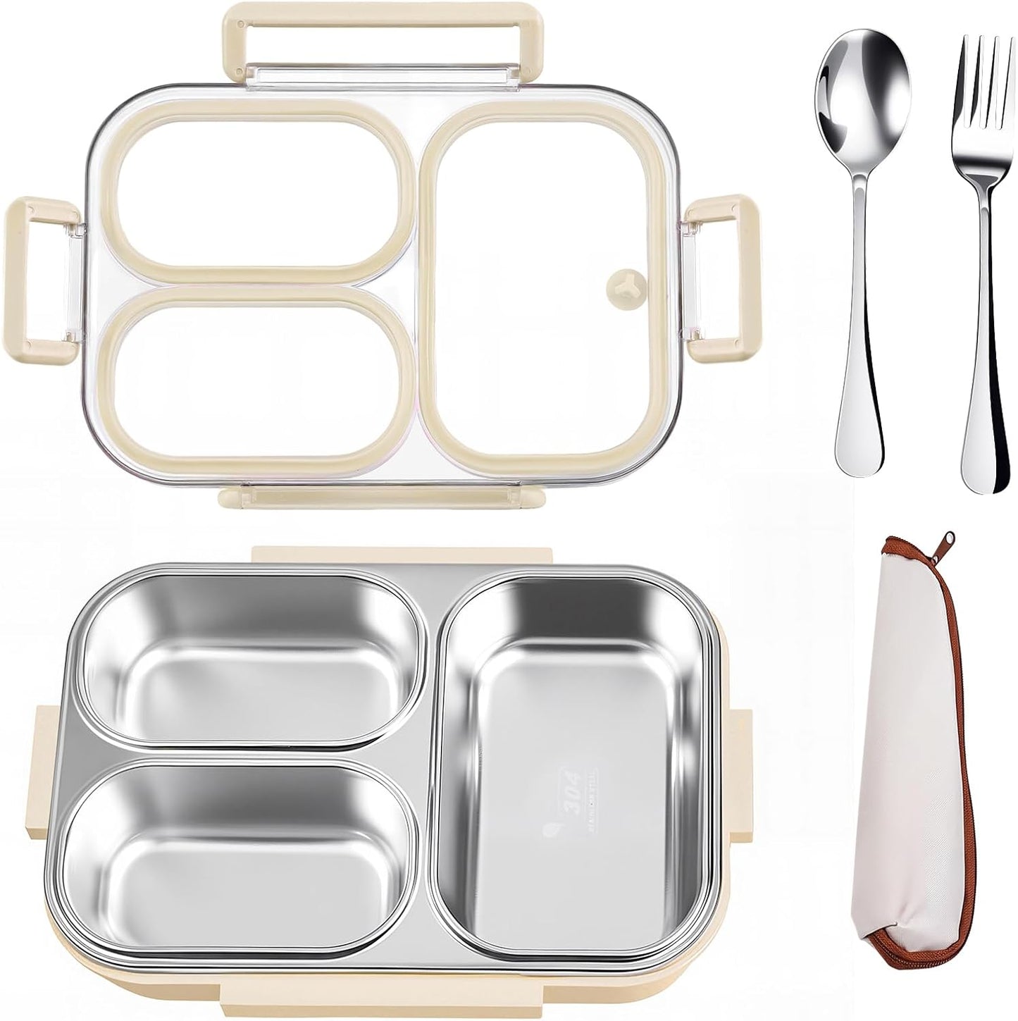 25oz 18/8 Stainless Steel Lunch Box Kit (Bento Box + Fork/Spoon) - 3 Leakproof Compartments - Metal Snack Box for Kids & Adults - School/Office/Travel - Dishwasher Safe (Beige)