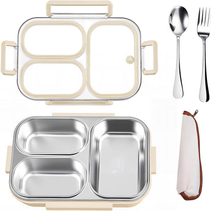 25oz 18/8 Stainless Steel Lunch Box Kit (Bento Box + Fork/Spoon) - 3 Leakproof Compartments - Metal Snack Box for Kids & Adults - School/Office/Travel - Dishwasher Safe (Beige)