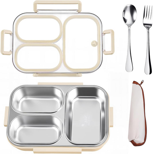 25oz 18/8 Stainless Steel Lunch Box Kit (Bento Box + Fork/Spoon) - 3 Leakproof Compartments - Metal Snack Box for Kids & Adults - School/Office/Travel - Dishwasher Safe (Beige)