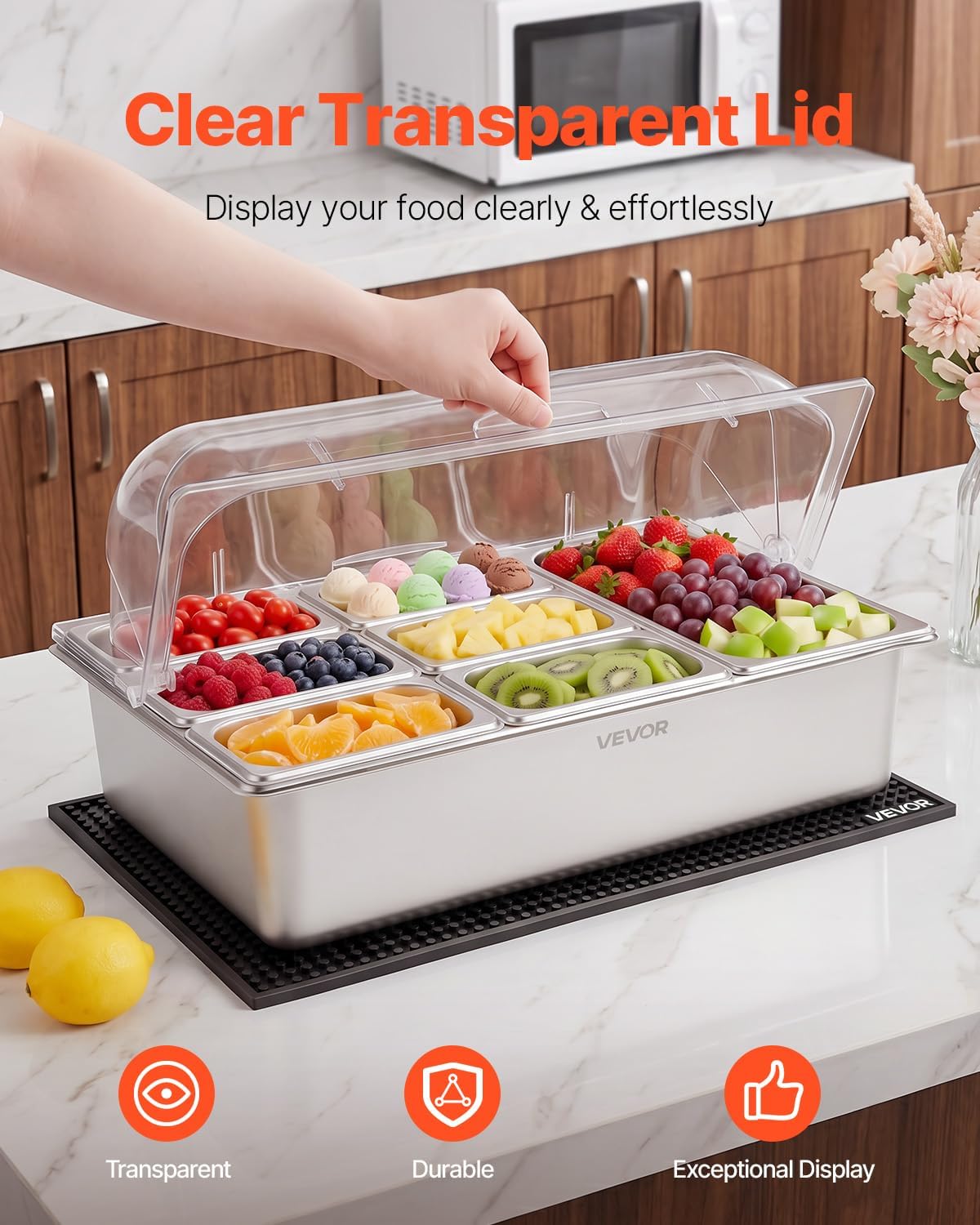 VEVOR Chilled Condiment Server Caddy, 5 Compartment Ice Cooled Serving Container, Plastic Fruit Garnish Tray Platter with Lid, for Taco Salad Bar Accessories, Party Home Restaurant Supplies