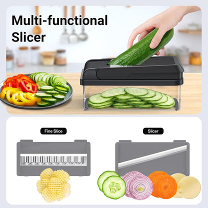 SpaceHacks 12-in-1 Vegetable Chopper, Kitchen Gadgets with 7 Blades, Veggie, Food, Onion Chopper, Cucumber Slicer, Versatile Mandoline, Includes Egg Separator & Finger Guard, Gray