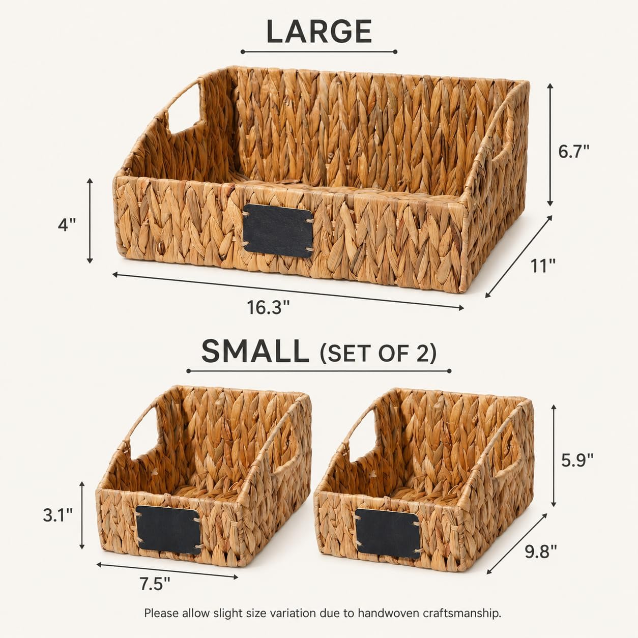 Water Hyacinth Storage Baskets Set of 3 with Chalkboard Labels — Wicker Pantry Organizer Baskets for Kitchen Shelves, Laundry Room, Bathroom & Bedroom — Woven Snack & Produce Storage Bins