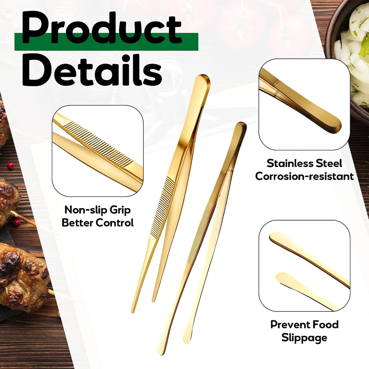 4Pcs Stainless Steel Cooking Tweezer Tongs 12 inch Long Tweezers with Precision Serrated Tips Plating Gold Kitchen Tweezers for Cooking, Chef, Repairing, Serving Food and BBQ