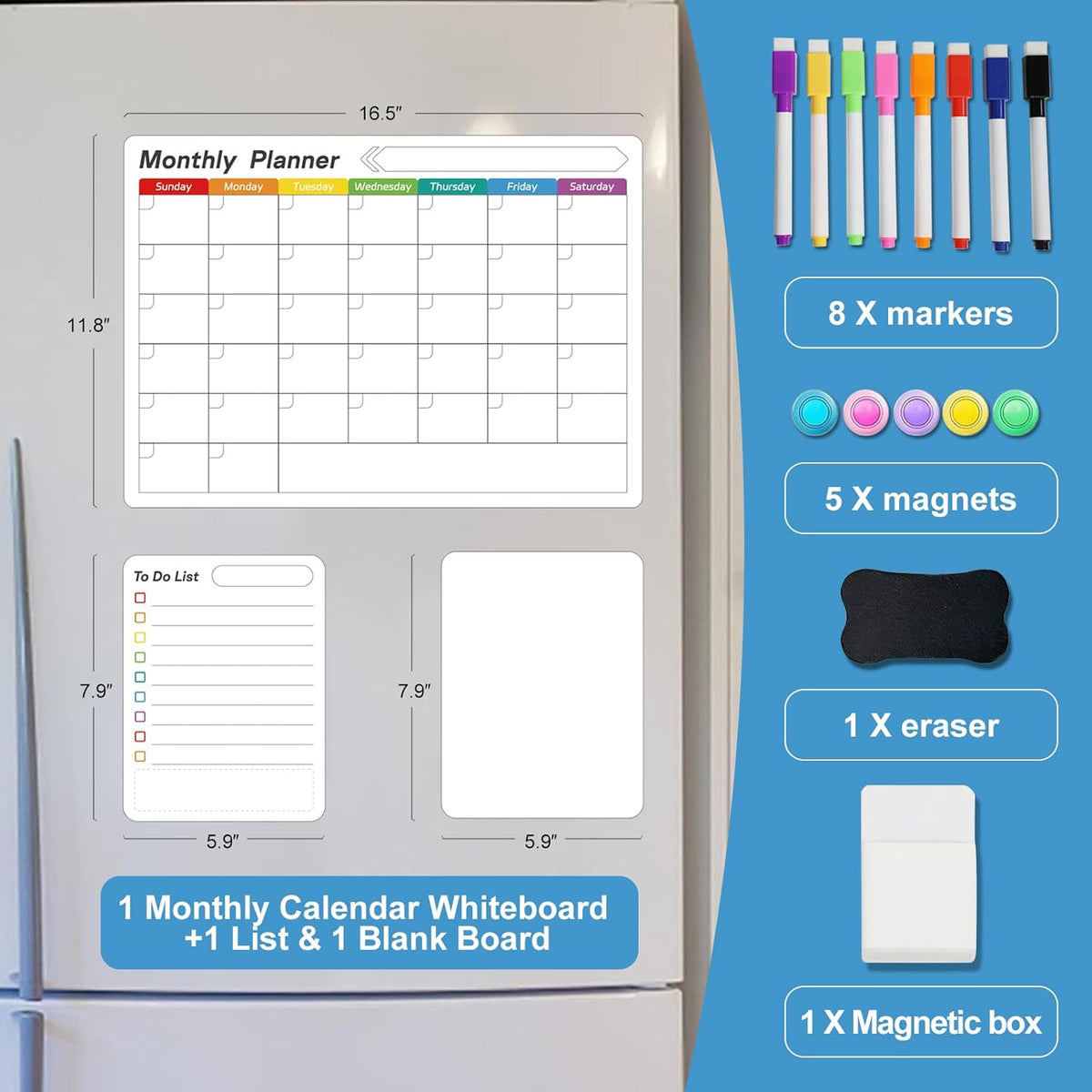 UCMD Monthly Magnetic Dry Erase Calendar Whiteboard Set (4-Pack) for Fridge,Reusable Monthly and Weekly Planners with List & Blank Board,8 Markers,1 Eraser,1 Magnetic Storage Box and 5 Magnets