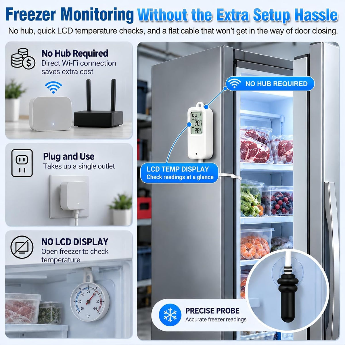 DAYTECH WiFi Freezer Thermometer Alarm, No Hub Required, App Alerts, 1 Pack
