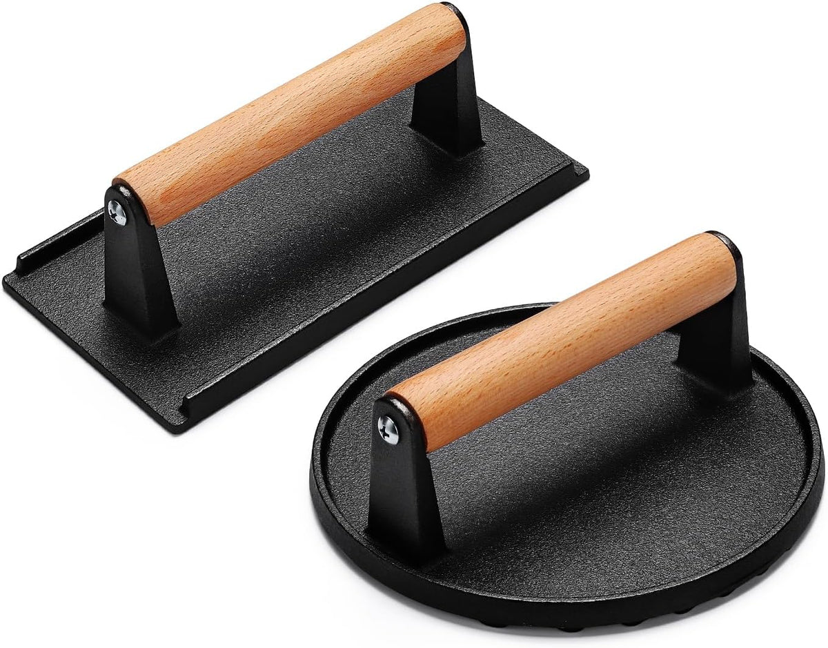 AIVIKI Burger Press, Smash Burger Press for Blackstone Griddle, Heavy Duty Cast Iron Round 6.9In & Rectangular 8.2x4.2In Bacon Grill Press with Wood Handle, Meat Steak Weight for Sandwich, Paninis