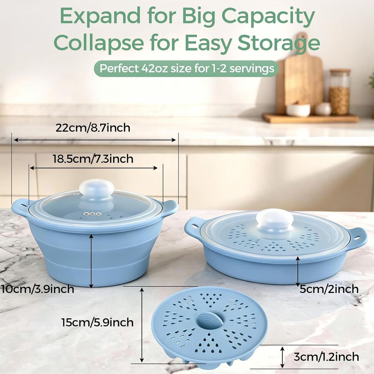 FUNKYLEE 42oz Collapsible Silicone Microwave Steamer for Vegetables, Green