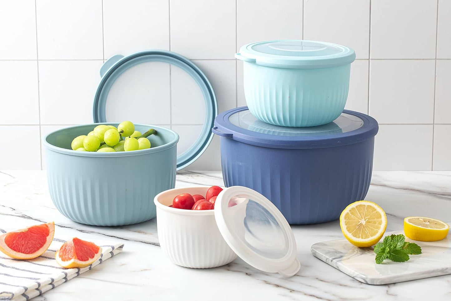 COOK WITH COLOR Prep Bowls with Lids- Wide and Deep Nesting Plastic Small Mixing Bowl Set with Lids, 8 Piece Set - Wide Bowls, Blue