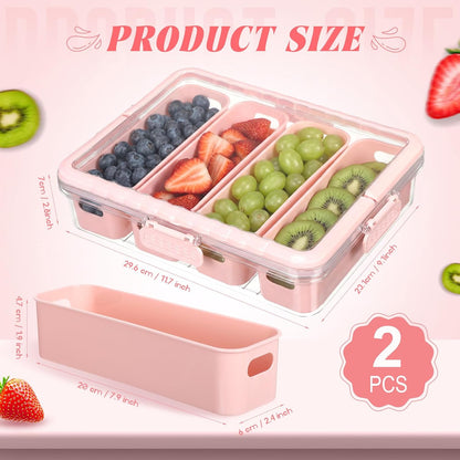 LemonRoad 2 Pack Divided Serving Tray with Lid and Handle 4 Compartment Snackle Box Charcuterie Board Container, Portable Organizer for Veggies, Fruit, Candy for Picnic, Party Travel (Pink)