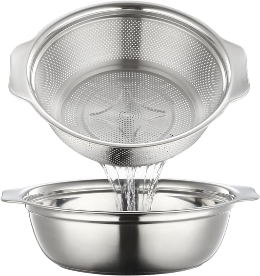 Stainless Steel Colander for Kitchen 2-Quart, Strainer Microporous with Mixing Bowl, Rice Strainer for Washing Vegetables, Fruit and Draining Cooked Pasta, Dishwasher Safe