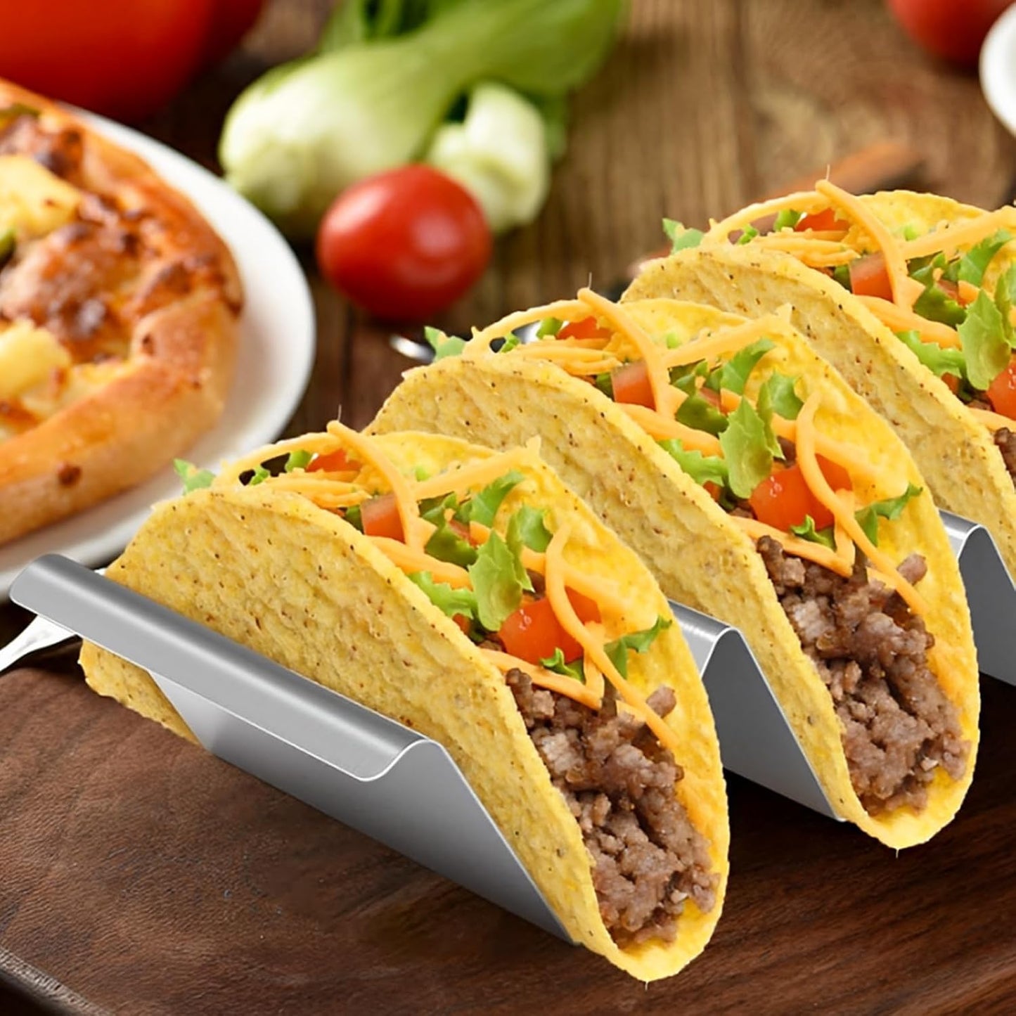 Taco Holder Stand Set of 2 - Stainless Steel Taco Shell Rack Holder with Serving Tray - Each Can Hold 3 Tortillas Stylish with Sauce Cup