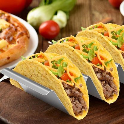 Taco Holder Stand Set of 2 - Stainless Steel Taco Shell Rack Holder with Serving Tray - Each Can Hold 3 Tortillas Stylish with Sauce Cup