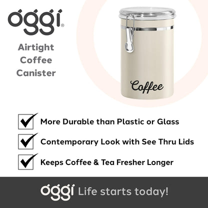 Oggi Stainless Steel Sugar Canister 62 fl oz - Airtight Clamp Lid, Clear See-Thru Top - Ideal Sugar Container for Countertop, Sugar Jar, Bulk Sugar Storage. Large Size 5" x 7.5".