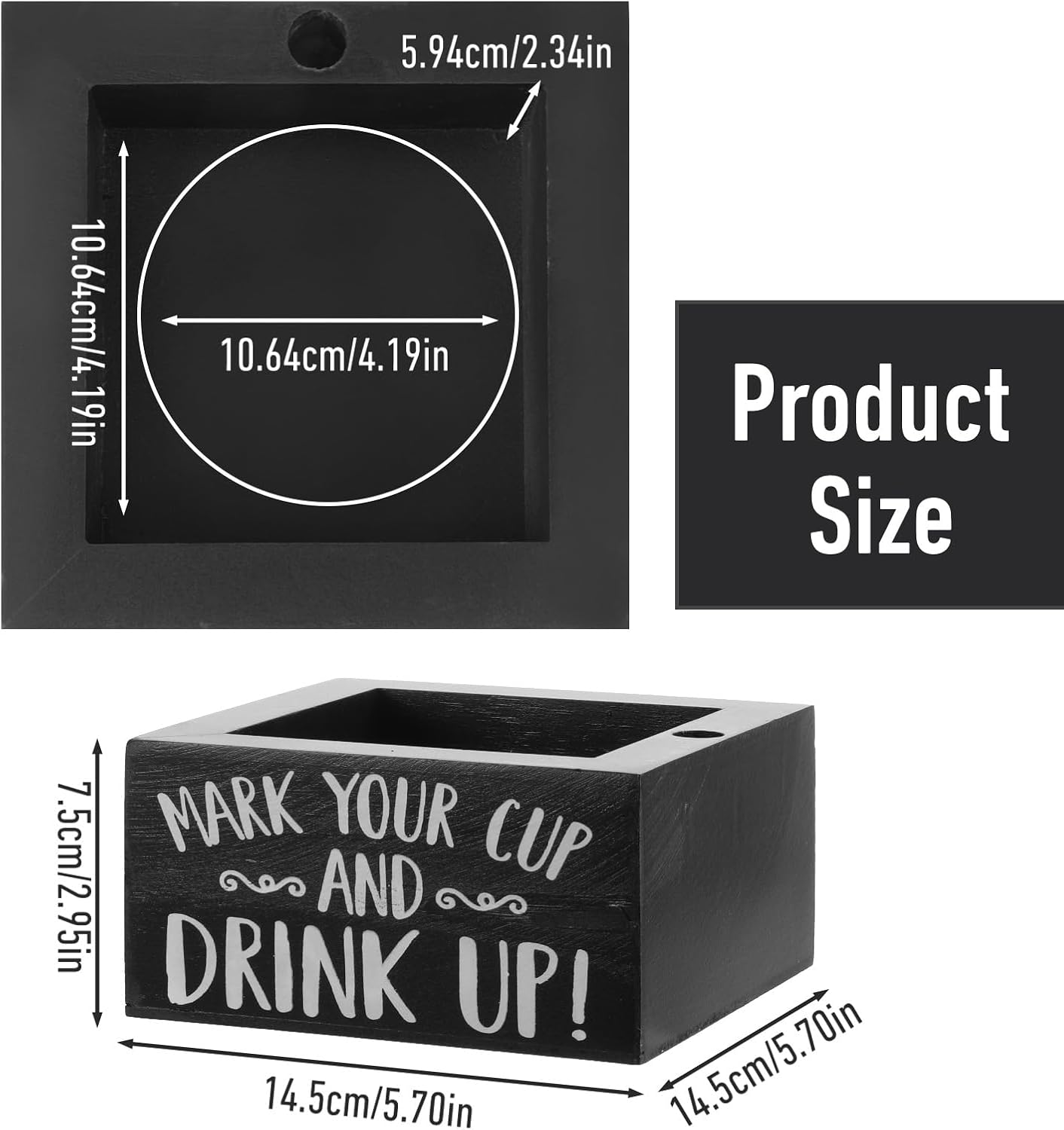 Party Cup Holder with Marker Slot - Wooden Mark Your Cups & Cup Dispenser for Parties, Farmhouse Decor, Home & Bar (Black, 5.7"x5.7"x2.95")
