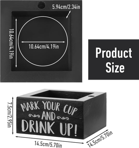 Party Cup Holder with Marker Slot - Wooden Mark Your Cups & Cup Dispenser for Parties, Farmhouse Decor, Home & Bar (Black, 5.7"x5.7"x2.95")
