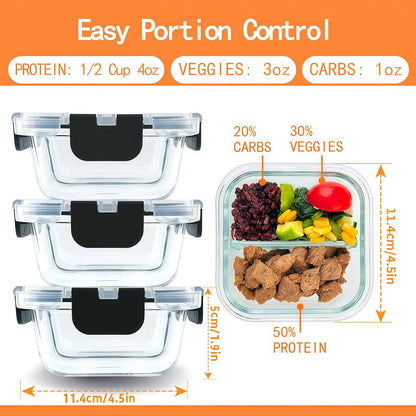 Bariatric Meal Prep Containers, 8 oz Bariatric Portion Control Food Storage Containers with Two 4 oz Compartments (3 Pack), Reusable Glass Snack Containers with BPA Free Airtight Lids
