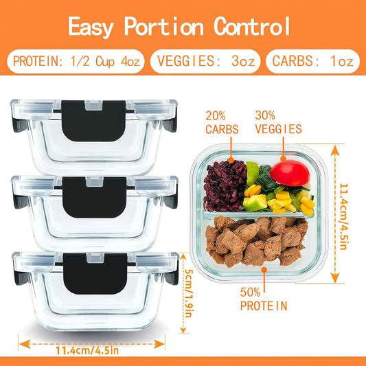 Bariatric Meal Prep Containers, 8 oz Bariatric Portion Control Food Storage Containers with Two 4 oz Compartments (3 Pack), Reusable Glass Snack Containers with BPA Free Airtight Lids