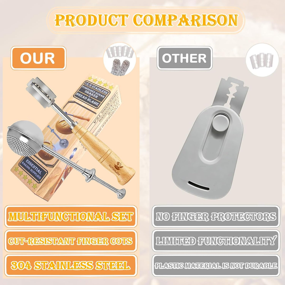 Bread Lame and Flour Duster Set, 304 Stainless Steel Sourdough Baking Tools