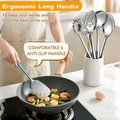 9 Pcs Cooking Utensils Set, Stainless Steel Kitchen Utensils, Heat Resistant Metal Kitchen Tools Include Solid & Slotted Spatula, Serving Spoon, Ladle, Pasta Server,Potato Maseher, Egg Whisk, Silver