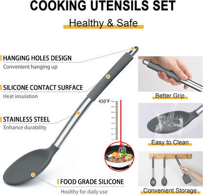 E-far Silicone Cooking Utensils Set, 7 Pcs Heat Resistant Kitchen Utensils with Stainless Steel Handle, Slotted Turner, Spoon, Soup Ladle, Pasta Server, Skimmer, Tongs for Nonstick Cookware, Black