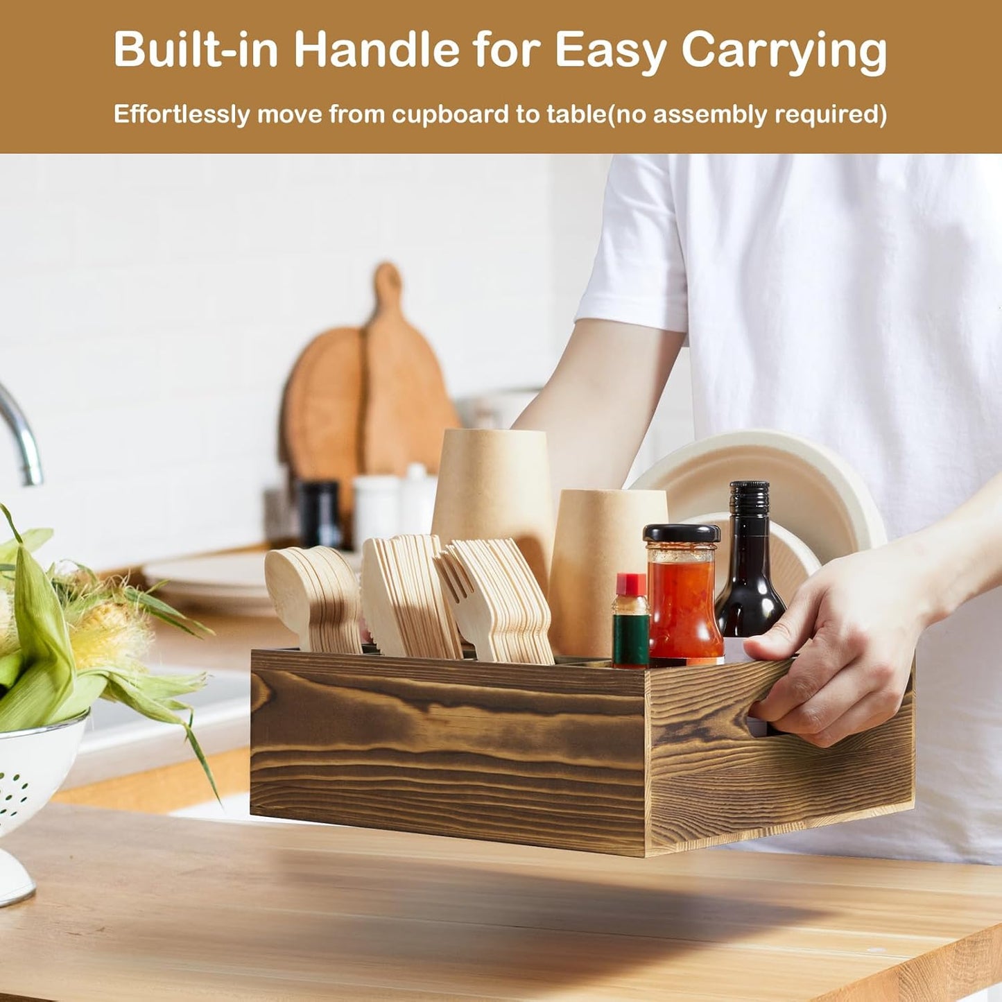 Acacia Wood Utensil Holder for Party, 6-Compartment Paper Plate and Silverware Organizer with Handles, Rustic Utensil Caddy for Parties, Outdoor Gatherings, and Kitchen Countertop Organization
