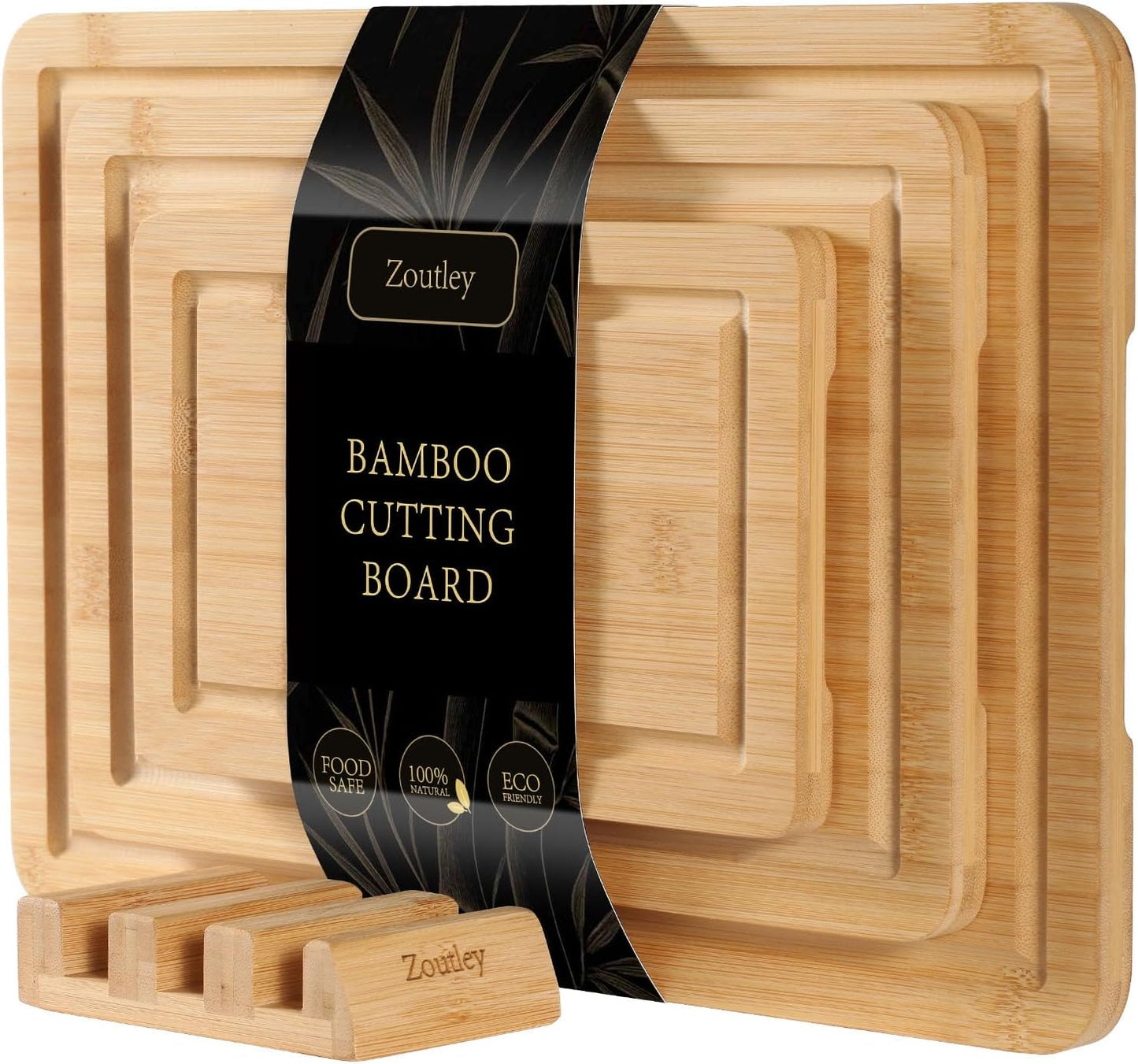 3-Piece Deep Carbonized Bamboo Cutting Board Set with Vertical Drying Stand | Wooden Chopping Boards for Kitchen | Extra Deep Juice Grooves & Easy-Carry Side Handles | Gift-Ready