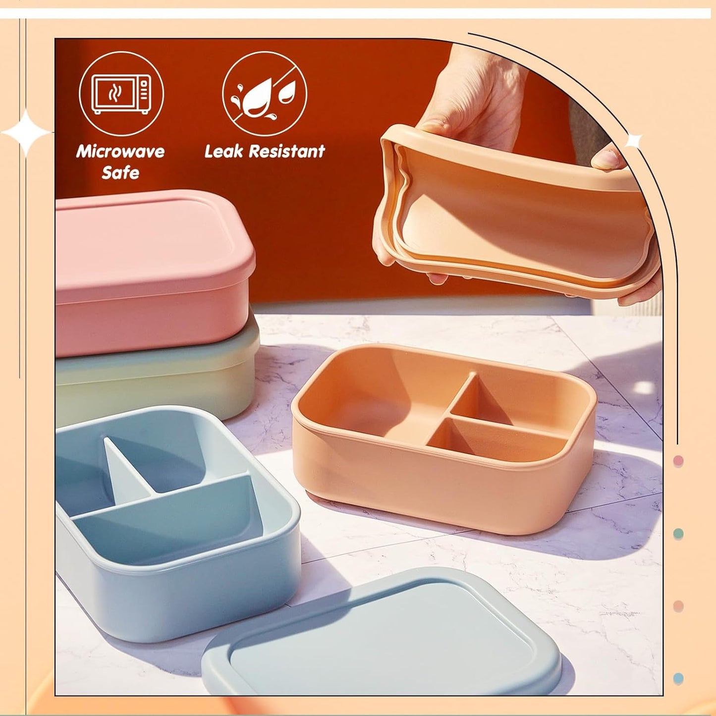 Layhit 4 Pcs Silicone Bento Box for Adults, 27 oz Bento Lunch Container Reusable 3 Compartment Lunchable Food Container for Women Men, Leak Proof Microwave Dishwasher Freezer Safe (Cool Colors)