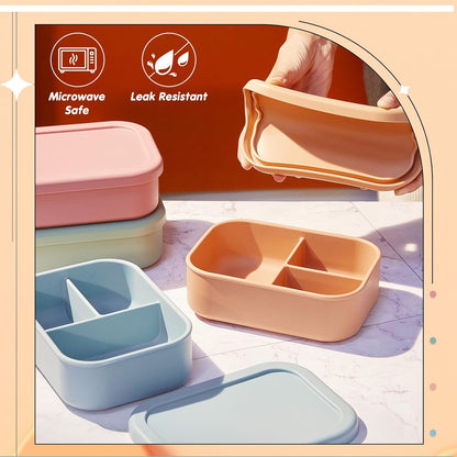 Layhit 4 Pcs Silicone Bento Box for Adults, 27 oz Bento Lunch Container Reusable 3 Compartment Lunchable Food Container for Women Men, Leak Proof Microwave Dishwasher Freezer Safe (Cool Colors)