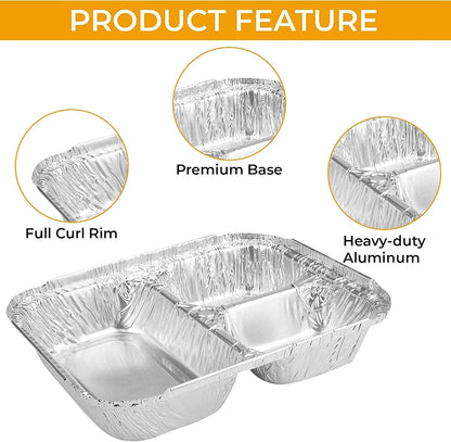 The Baker Celebrations 3 Compartment Aluminum Foil Trays with Lids [30] Pack - 20 oz Disposable Divided Meal Prep Containers - To Go TV Dinner Plates for Takeout & Freezer - Made in USA (8.5" x 6.5")