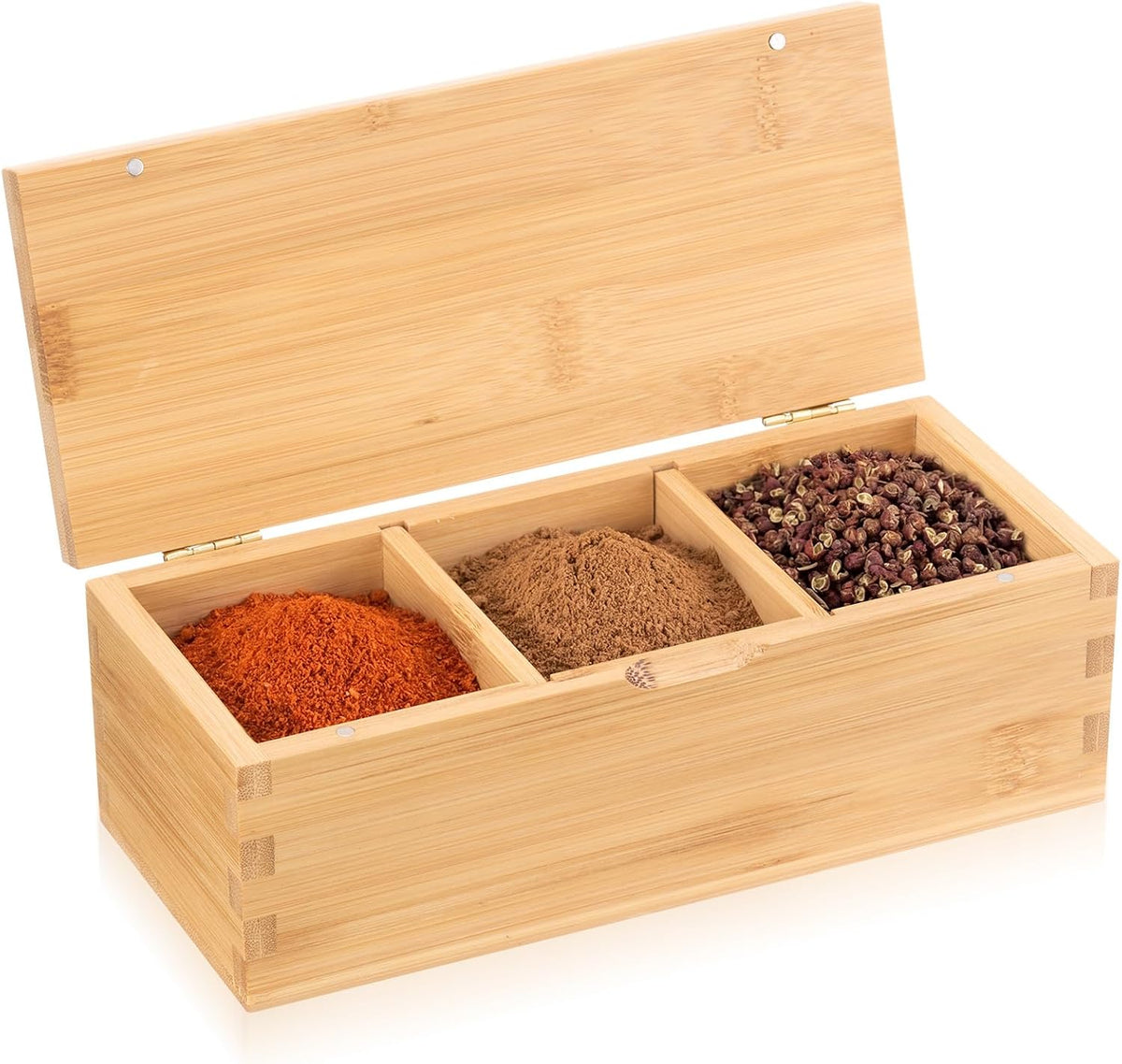 Acacia Wood Salt Cellar Spice Box with Magnetic Lid 29oz Large Capacity Salt Organizer 3 Compartments for Kitchen Countertop, Pepper, Seasonings, Spices, Grilling & Cooking