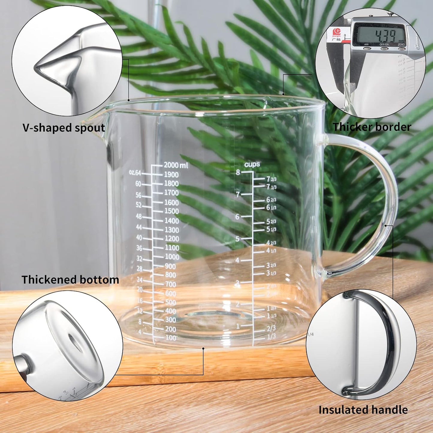 77L 3 Pack Glass Measuring Cup Set (1 1/4, 2 & 4 Cup) [Insulated handle, V-Shaped Spout], High Borosilicate Liquid Glass Measure Cup for Kitchen, Easy To Read, Dishwasher, Freezer, and Microwave Safe
